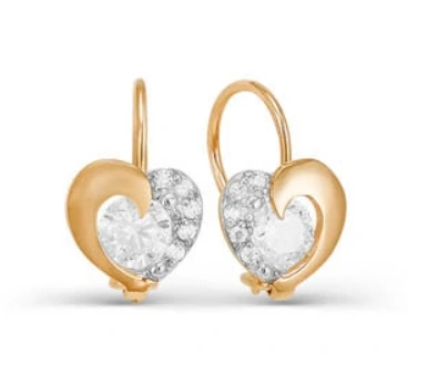 Серьги «Сердечки» из красного золота 585 пробы с фианитами