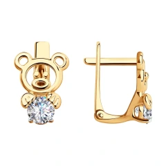 Серьги «Мишки» из красного золота 585 пробы с фианитами