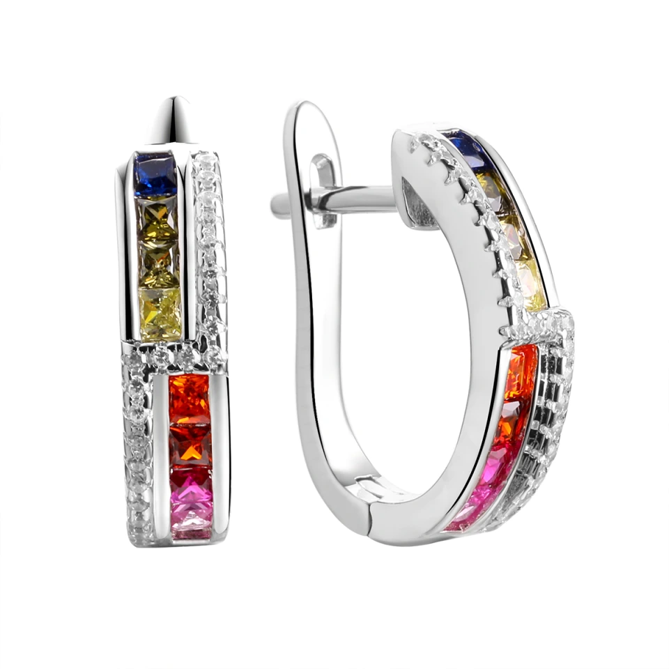Серьги из серебра с фианитами, корундом и шпинелью