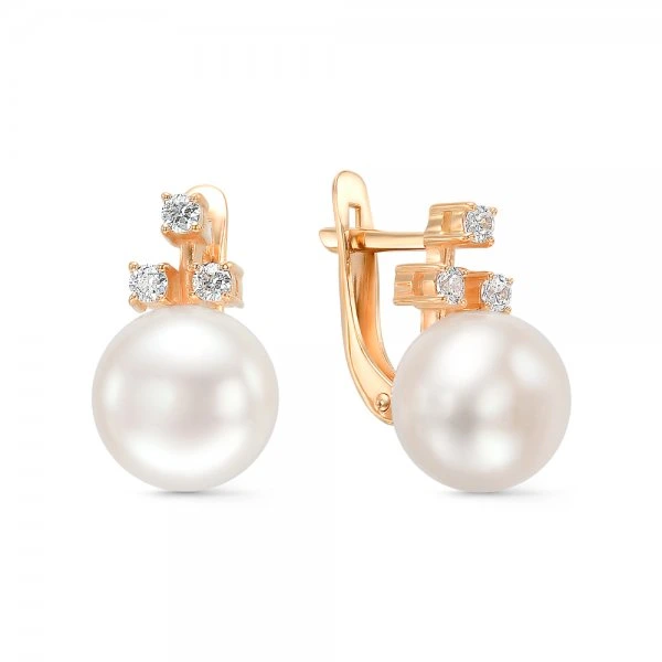 Серьги из красного золота с жемчугом и фианитами