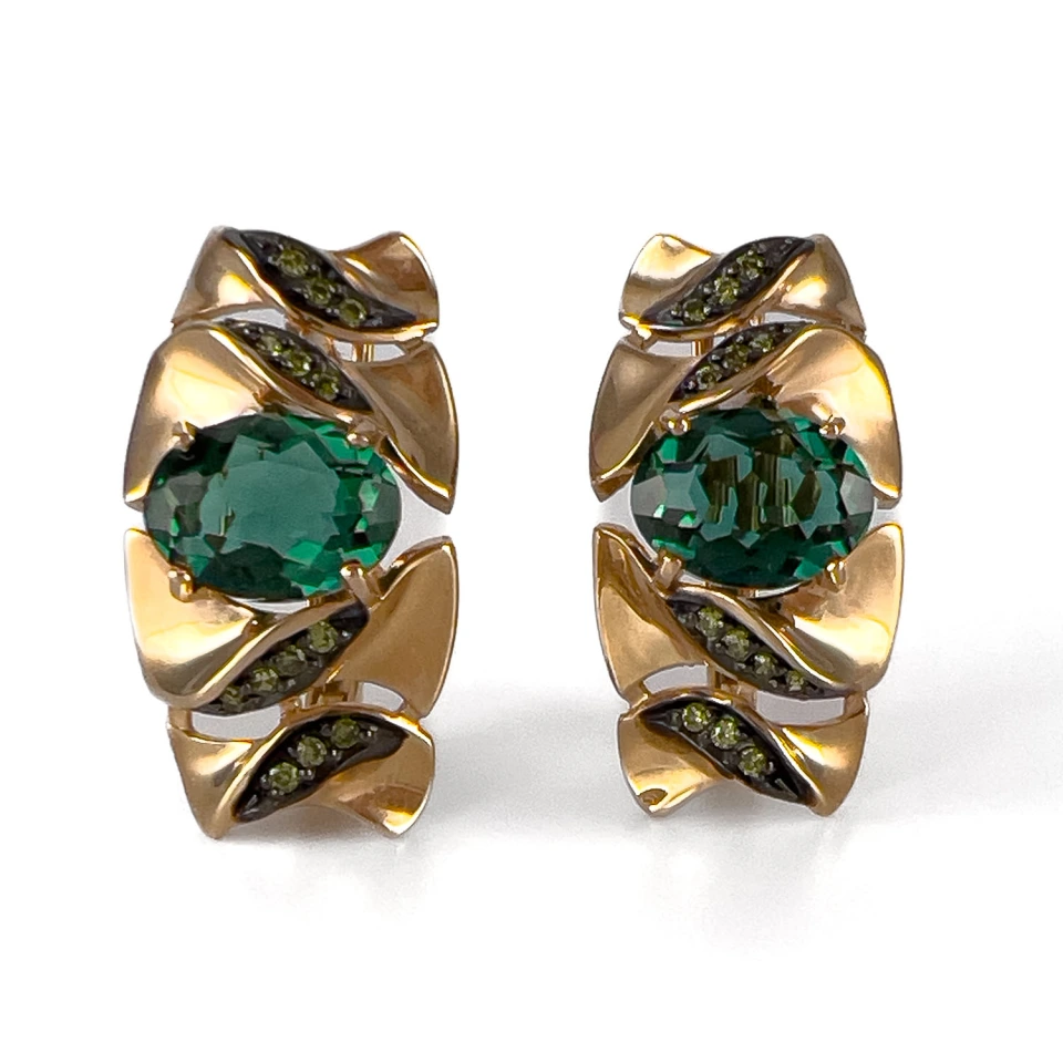 Серьги из золота с турмалином и фианитами