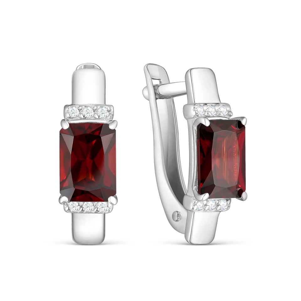 Серьги из серебра с гранатом и фианитами