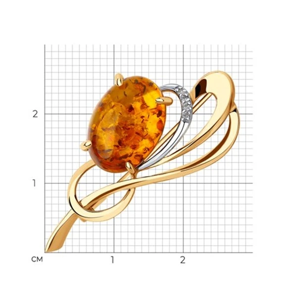 Брошь из красного золота с янтарем и фианитами