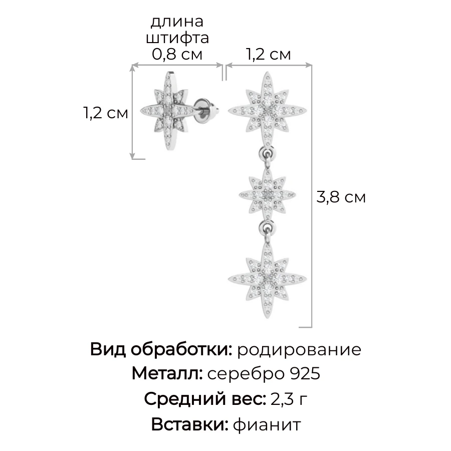 Серьги пусеты из серебра с фианитами