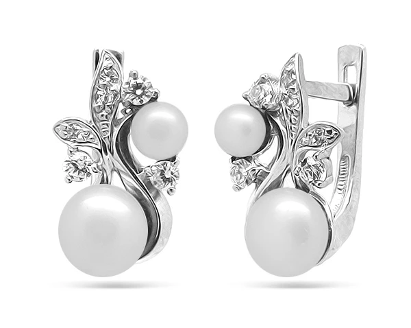 Серьги из серебра с жемчугом и фианитами