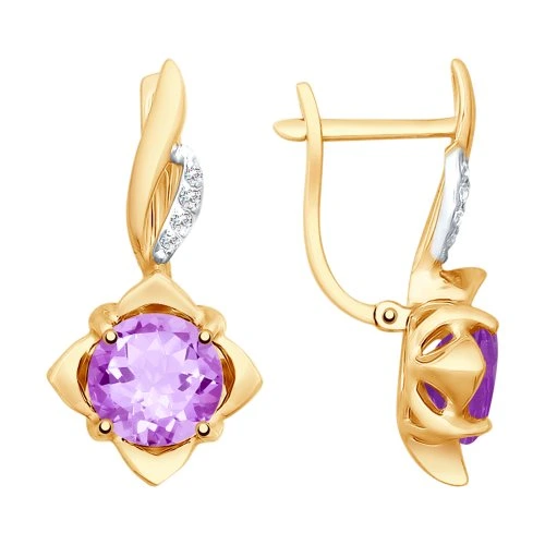 Серьги из красного золота с аметистами и фианитами