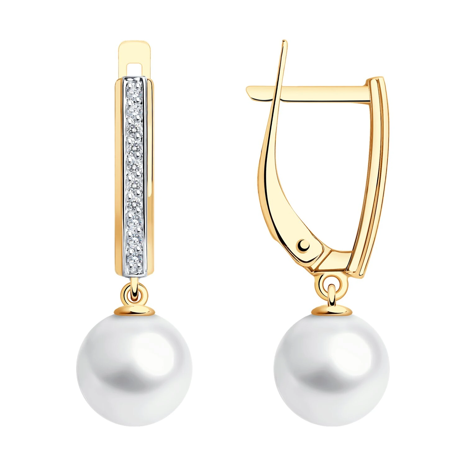 Серьги из красного золота с жемчугом и фианитами