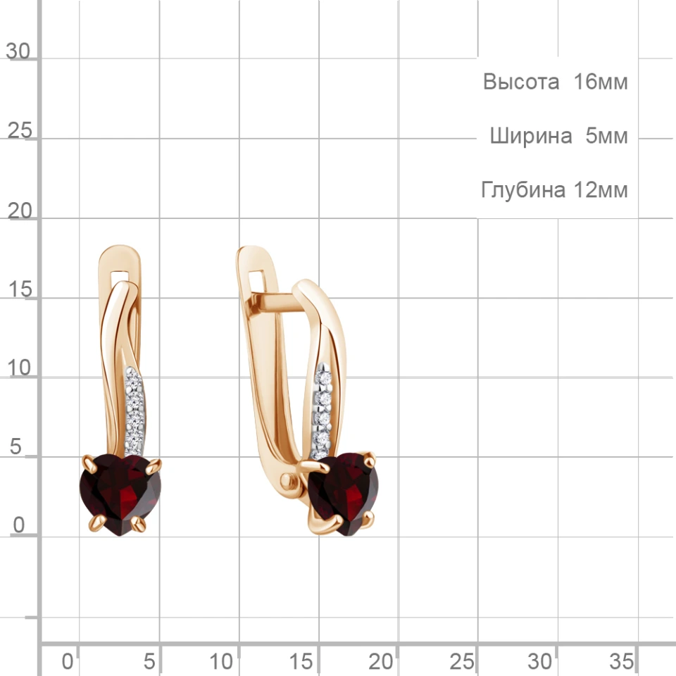 Серьги из красного золота с гранатом и фианитами