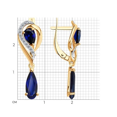 Серьги из красного золота с корундами сапфировыми и фианитами