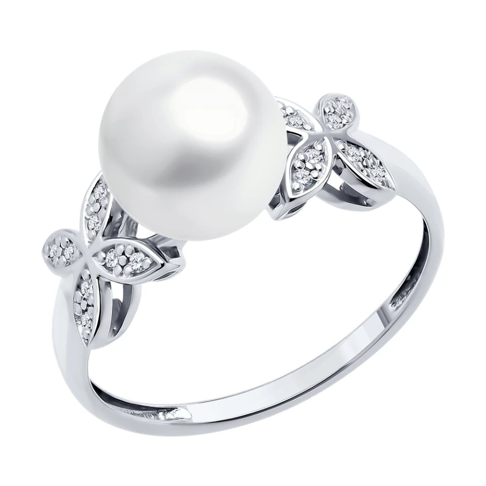 Кольцо из белого золота с жемчугом и бриллиантами