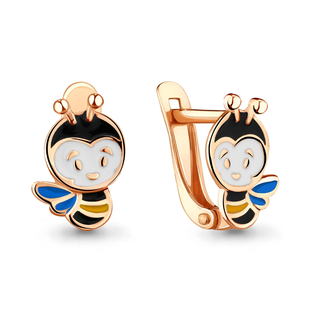 Серьги «Пчелки» из красного золота 585 пробы с эмалью