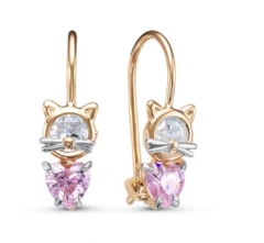 Серьги «Кошечки» из красного золота 585 пробы с фианитами