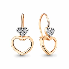 Серьги «Сердечки» из красного золота 585 пробы с фианитами