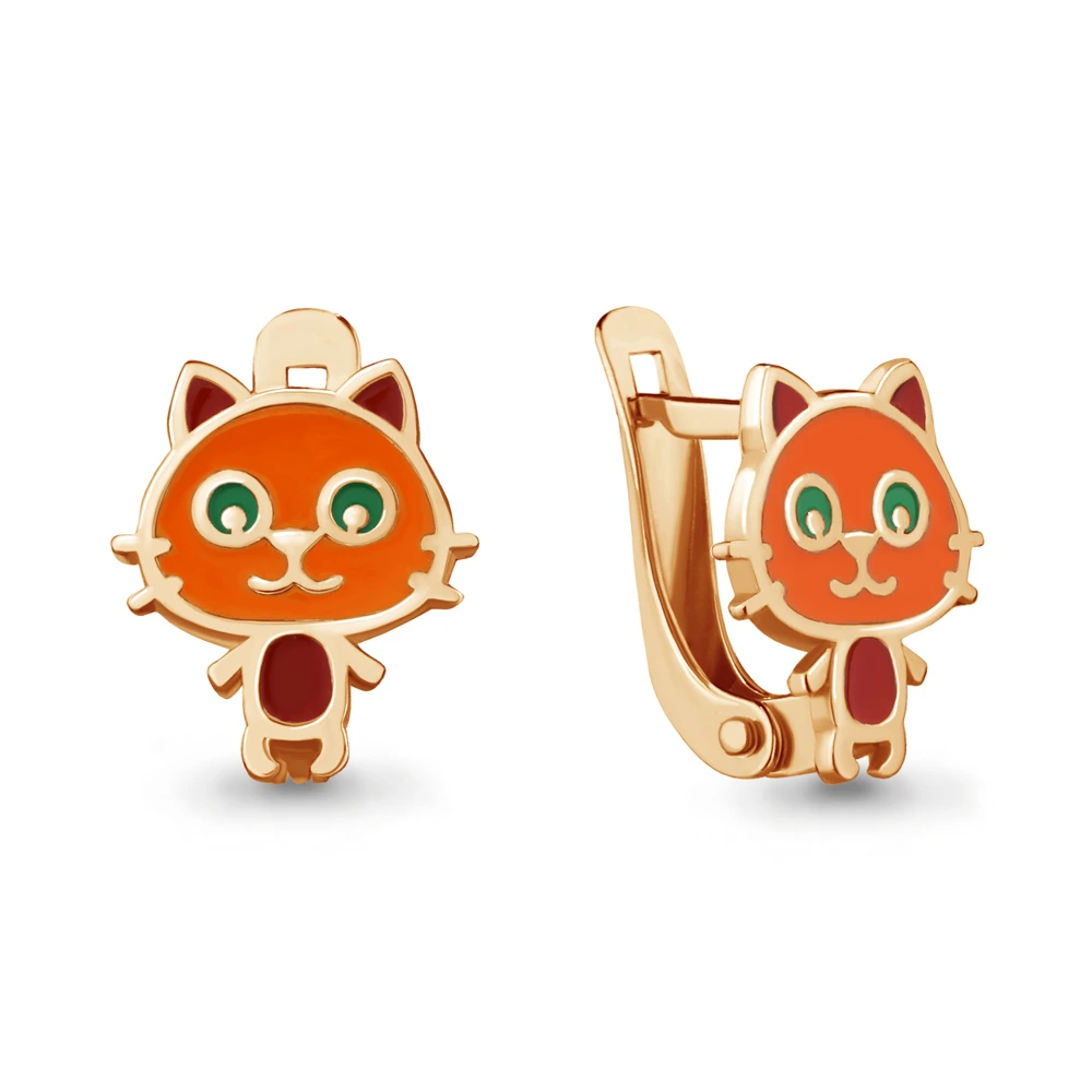Серьги «Котята» из красного золота 585 пробы с эмалью