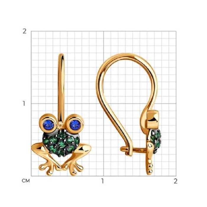 Серьги «Лягушки» из красного золота 585 пробы с фианитами