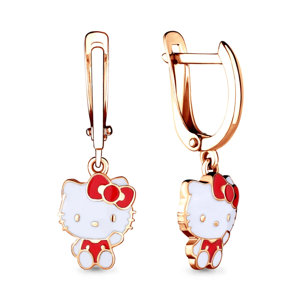 Серьги «Hello Kitty» из красного золота 585 пробы с эмалью