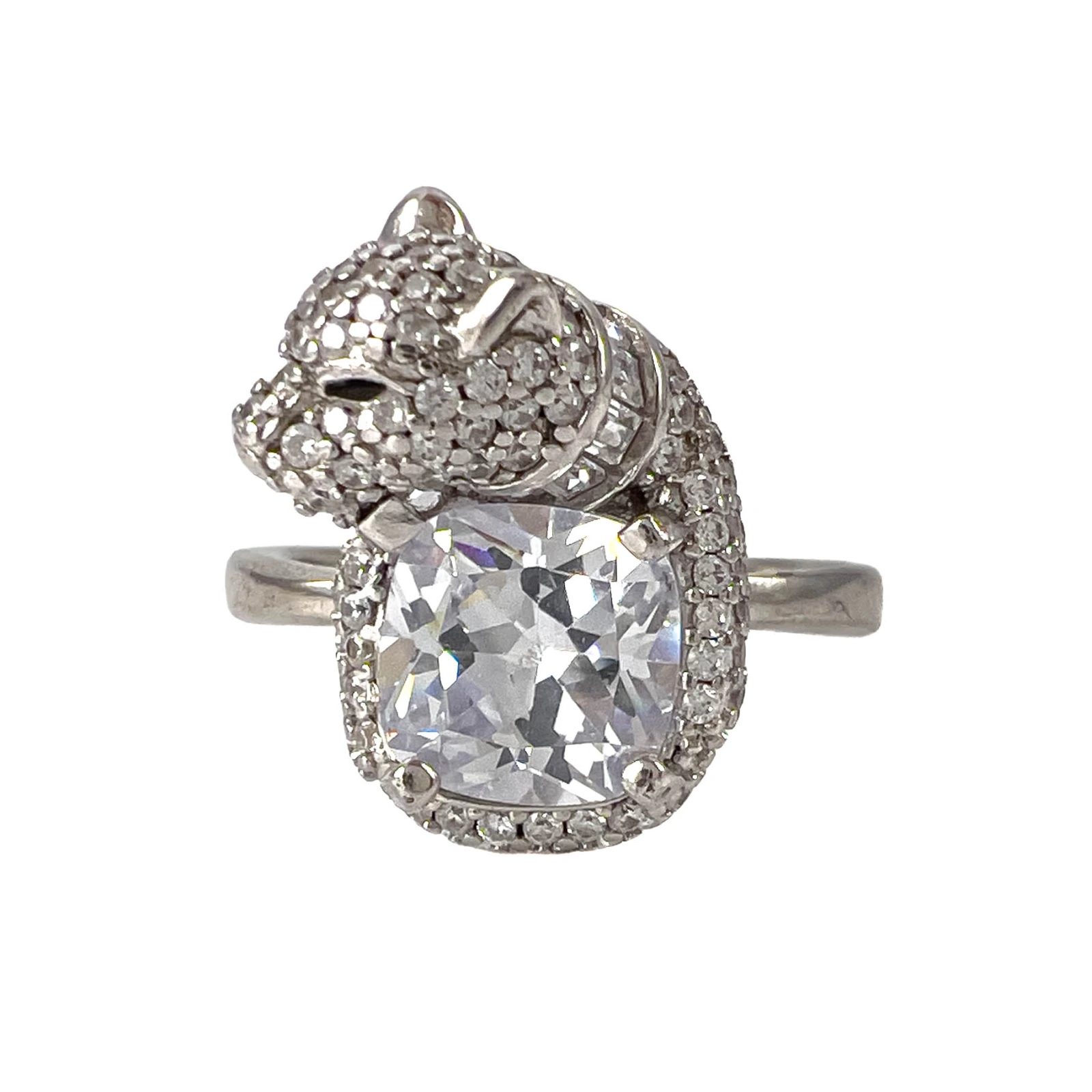 Кольцо из серебра в виде головы пантеры с цирконами