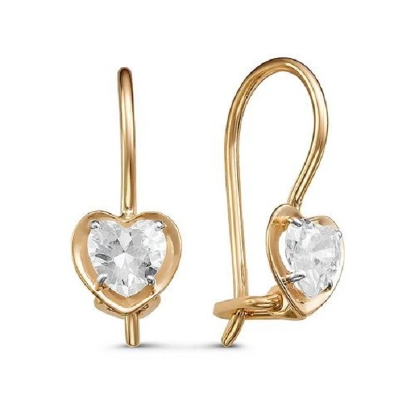 Серьги «Сердечки» из красного золота 585 пробы с фианитами