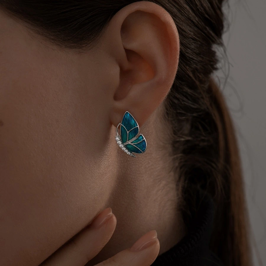 Серьги из серебра с фианитами и эмалью