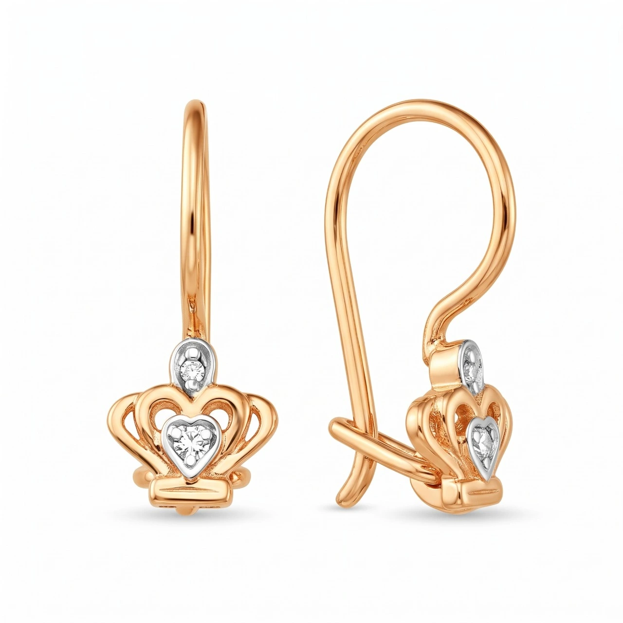 Серьги «Короны» из красного золота 585 пробы с фианитами