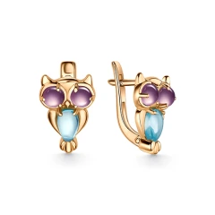Серьги «Совы» из красного золота 585 пробы с фианитами