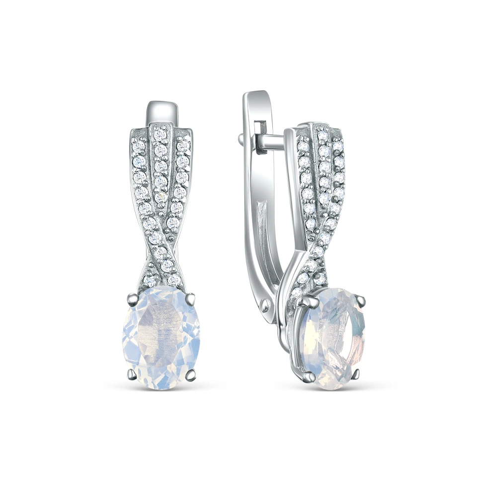Серьги из серебра с лунным камнем и фианитами