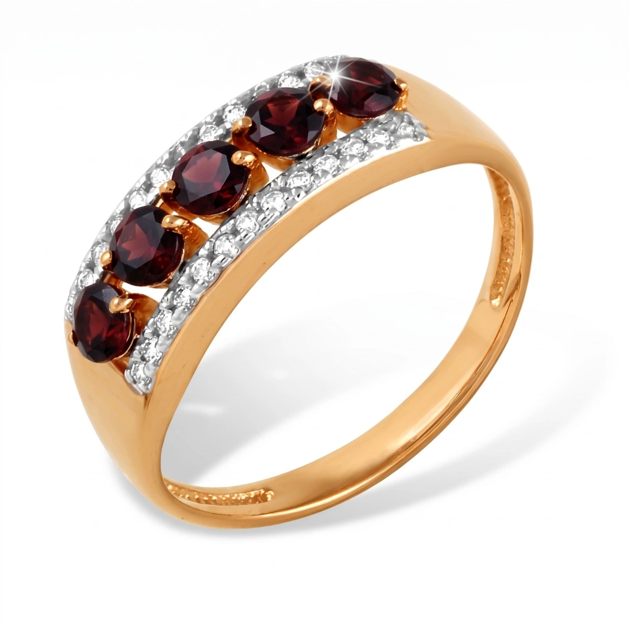 Кольцо из красного золота с гранатом и фианитами