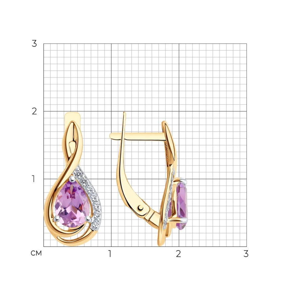 Серьги из красного золота с аметистами и фианитами
