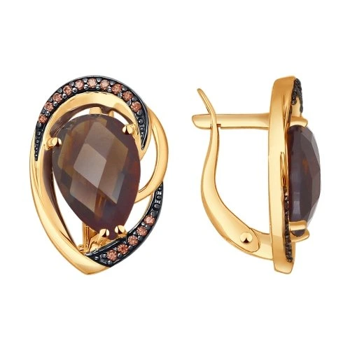 Серьги из красного золота с раухтопазом и фианитами