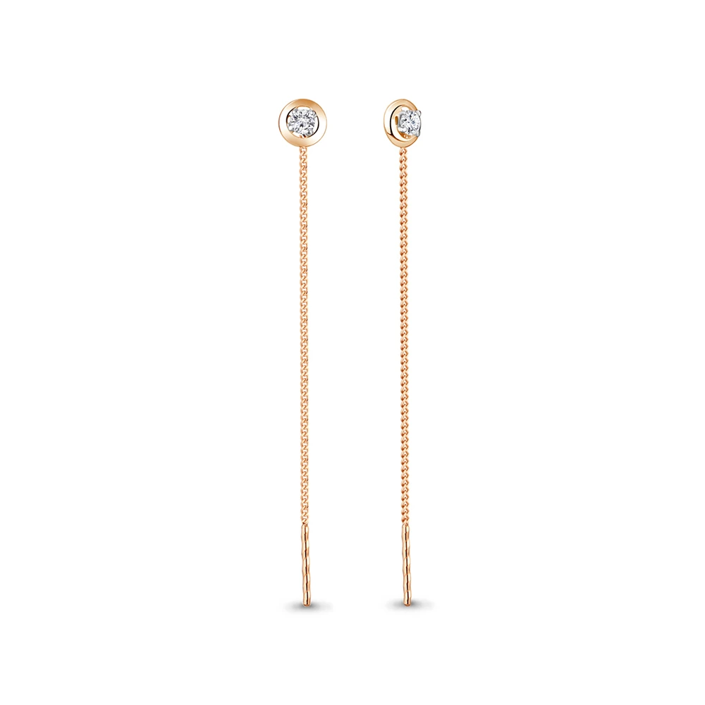 Серьги-продевки из красного золота с фианитами