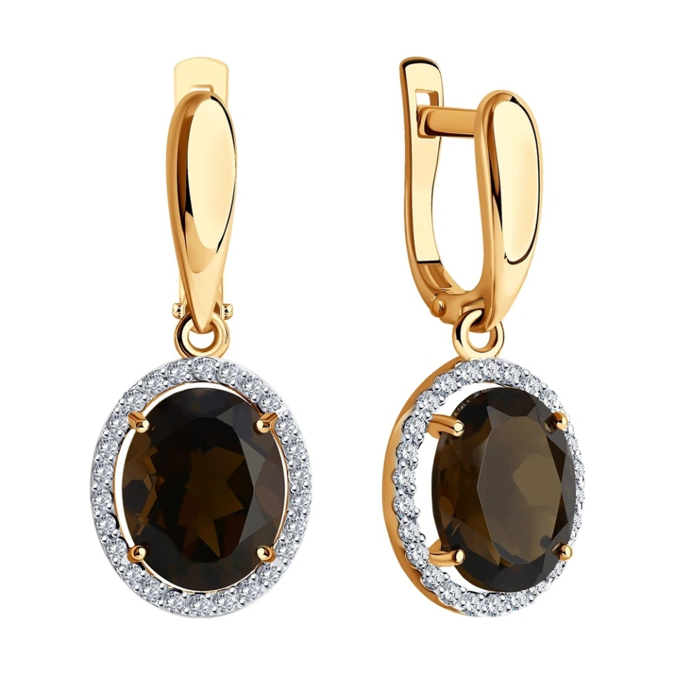 Серьги из красного золота с раухтопазом и фианитами