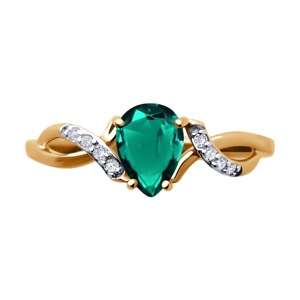 Кольцо из красного золота с гидротермальным изумрудом и фианитами