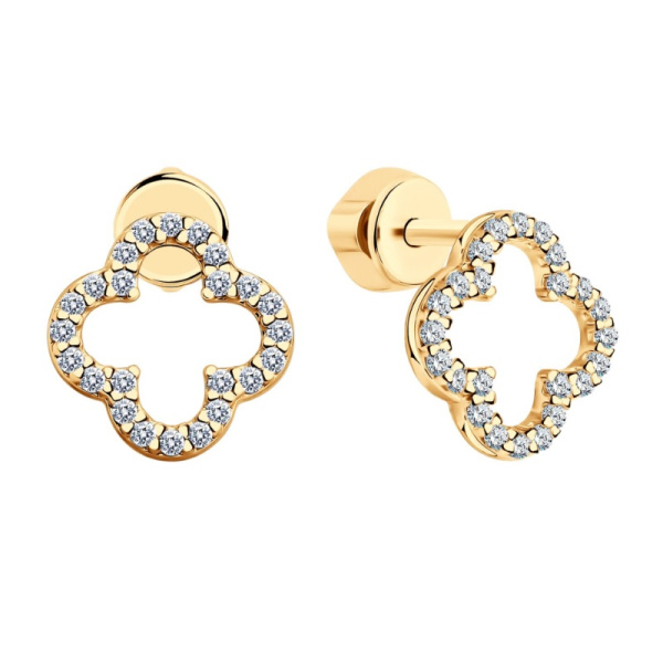 Серьги пусеты из позолоченного серебра с фианитами