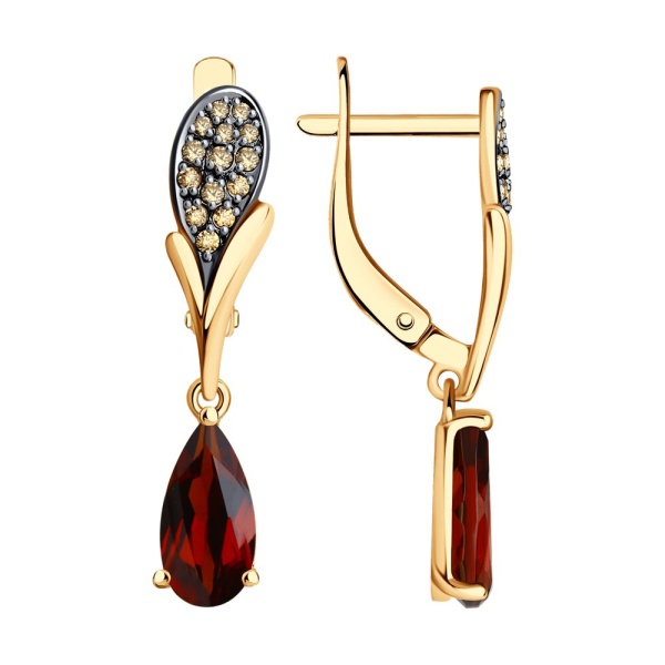 Серьги из красного золота с гранатами и фианитами