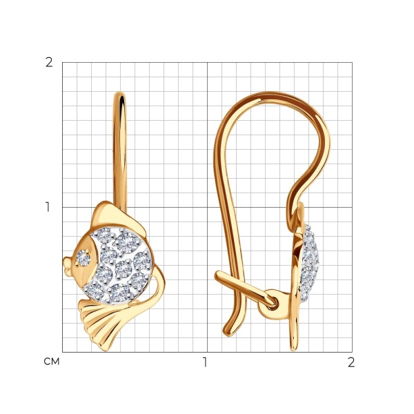 Серьги «Рыбки» из красного золота 585 пробы с фианитами