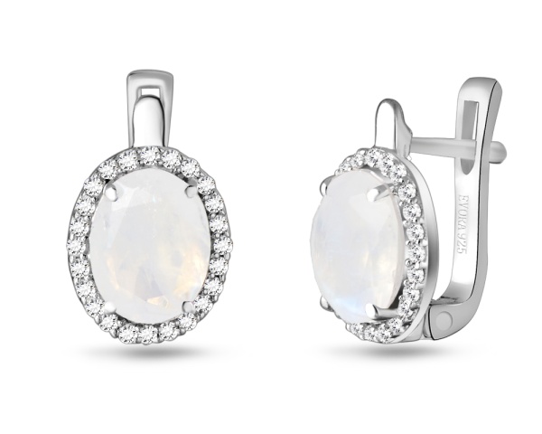 Серьги из серебра с лунным камнем и фианитами