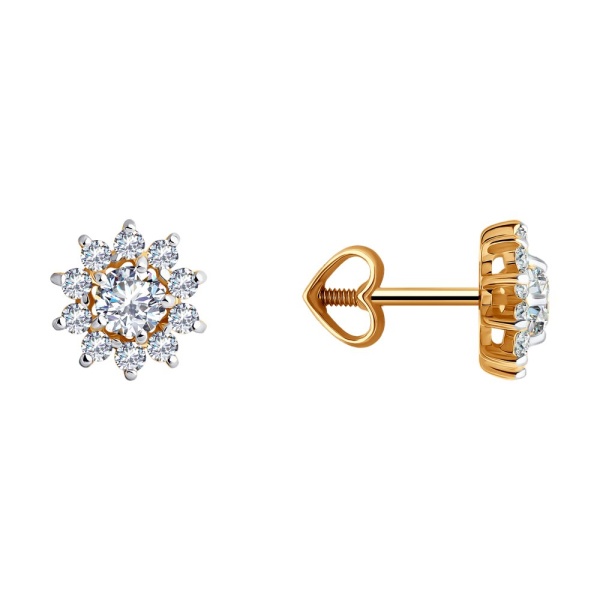 Серьги пусеты из красного золота с фианитами