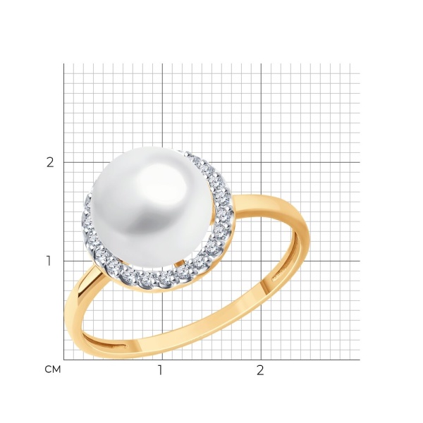 Кольцо из красного золота с жемчугом и фианитами