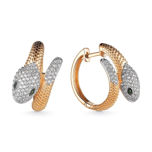 Серьги из красного золота с фианитами в форме змеи