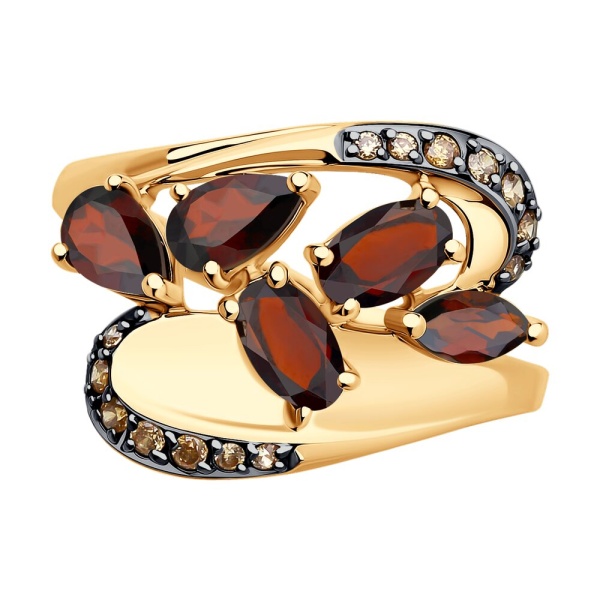 Кольцо из красного золота с гранатами и фианитами