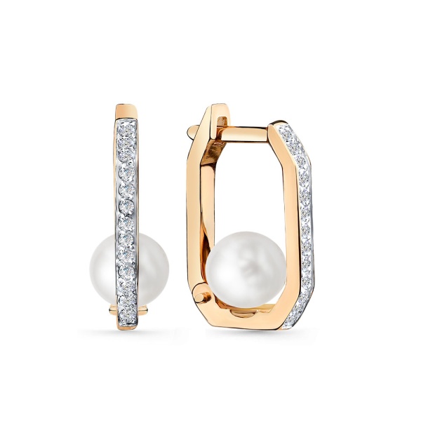 Серьги из красного золота с жемчугом и фианитами