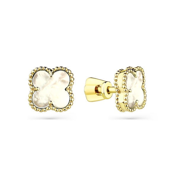 Серьги пусеты «Клевер» из желтого золота с перламутром