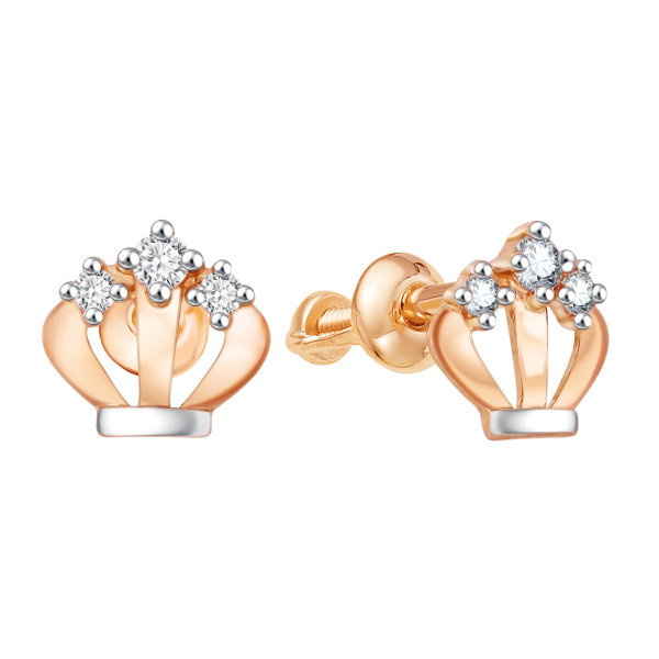 Серьги пусеты из красного золота с фианитами