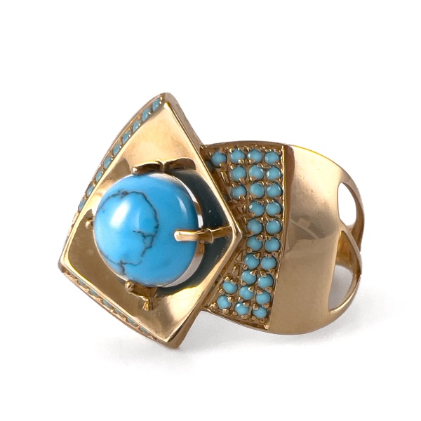 Кольцо из красного золота с бирюзой и фианитами