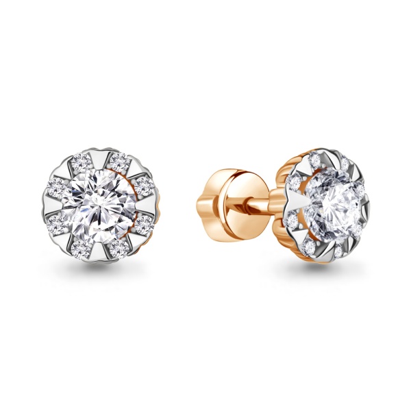 Серьги пусеты из красного золота с фианитами