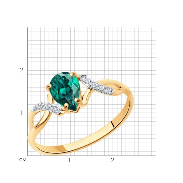 Кольцо из красного золота с гидротермальным изумрудом и фианитами