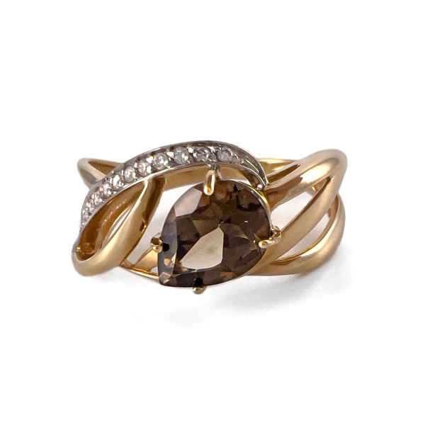 Кольцо из красного золота с раухтопазом и фианитами