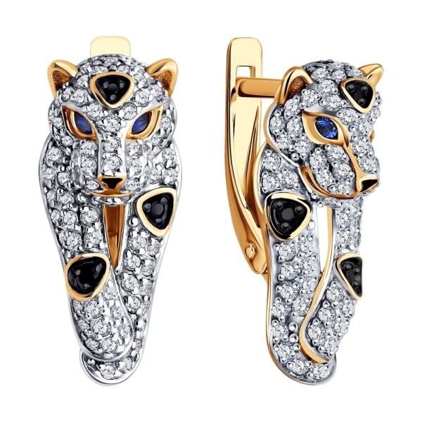 Серьги из красного золота с корундами, фианитами и шпинелью