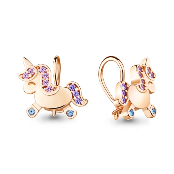 Серьги «Единорожки» из красного золота 585 пробы с фианитами и шпинелью