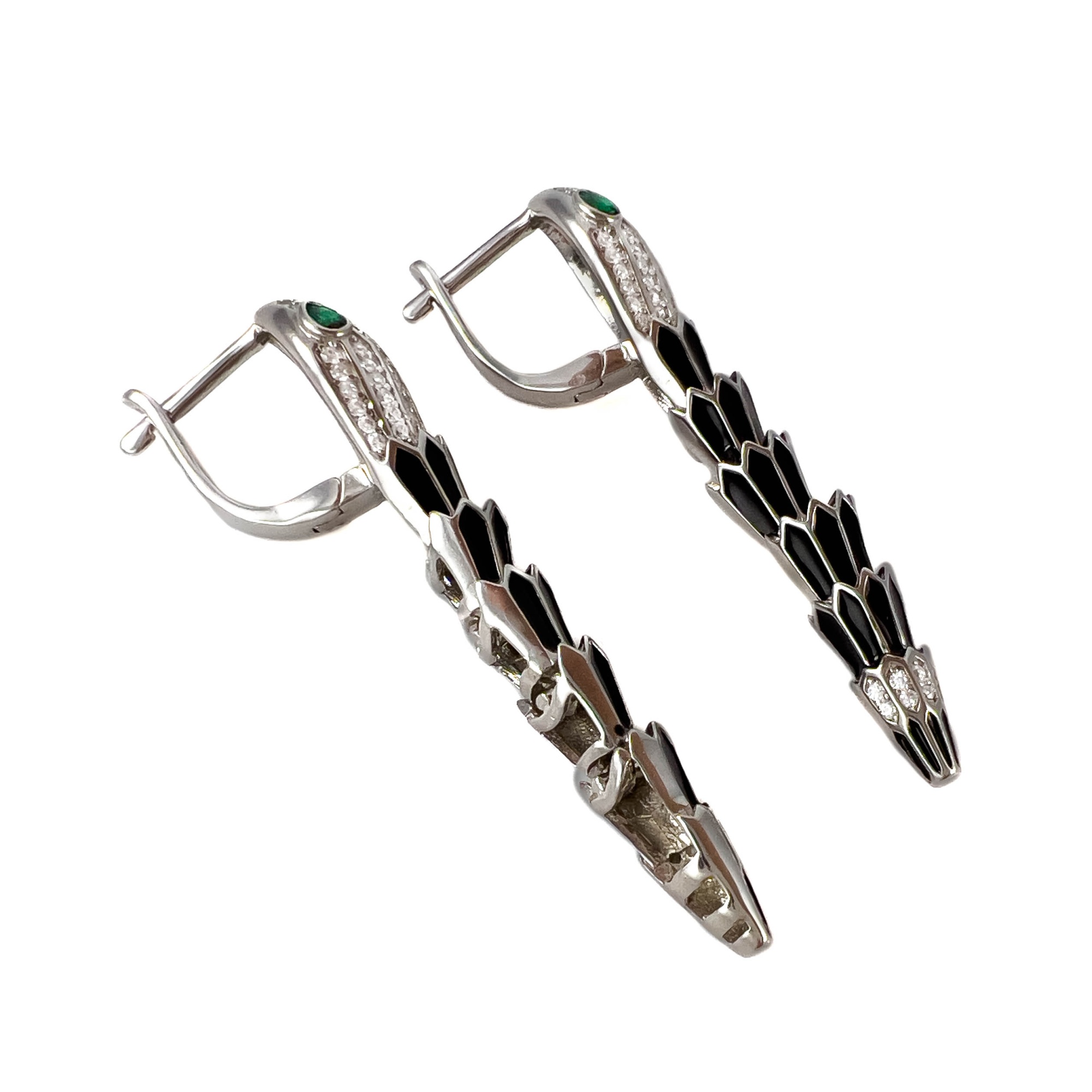 Серьги из серебра с эмалью и цирконом в форме змеи